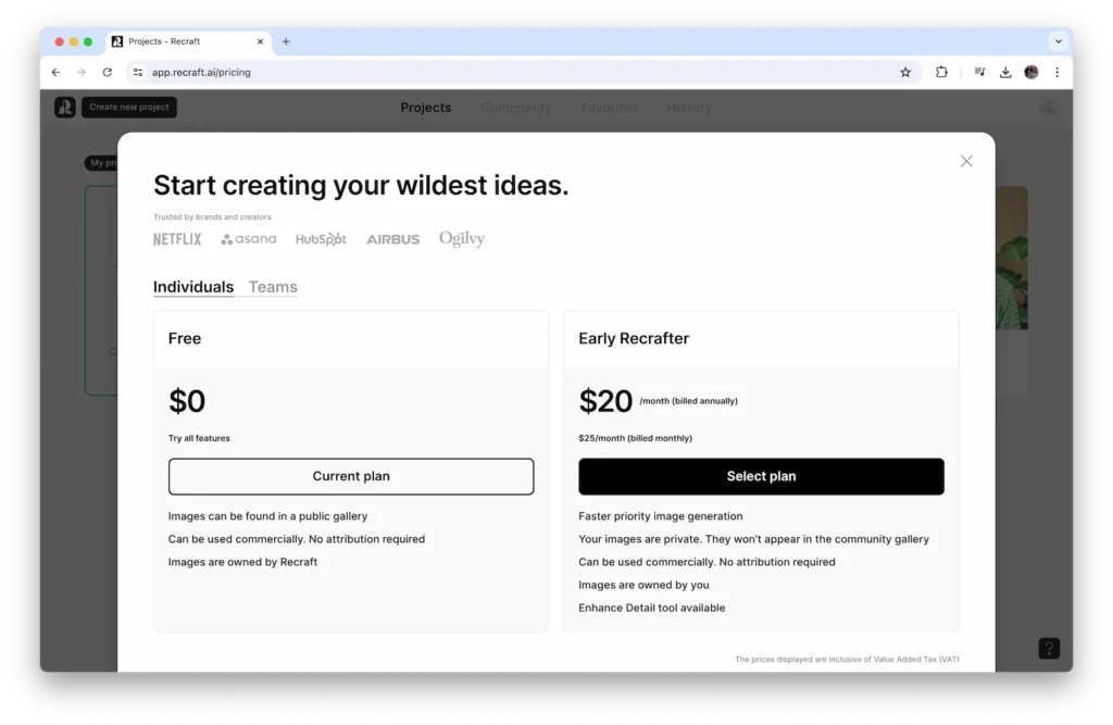 Тарифы recraft.ai